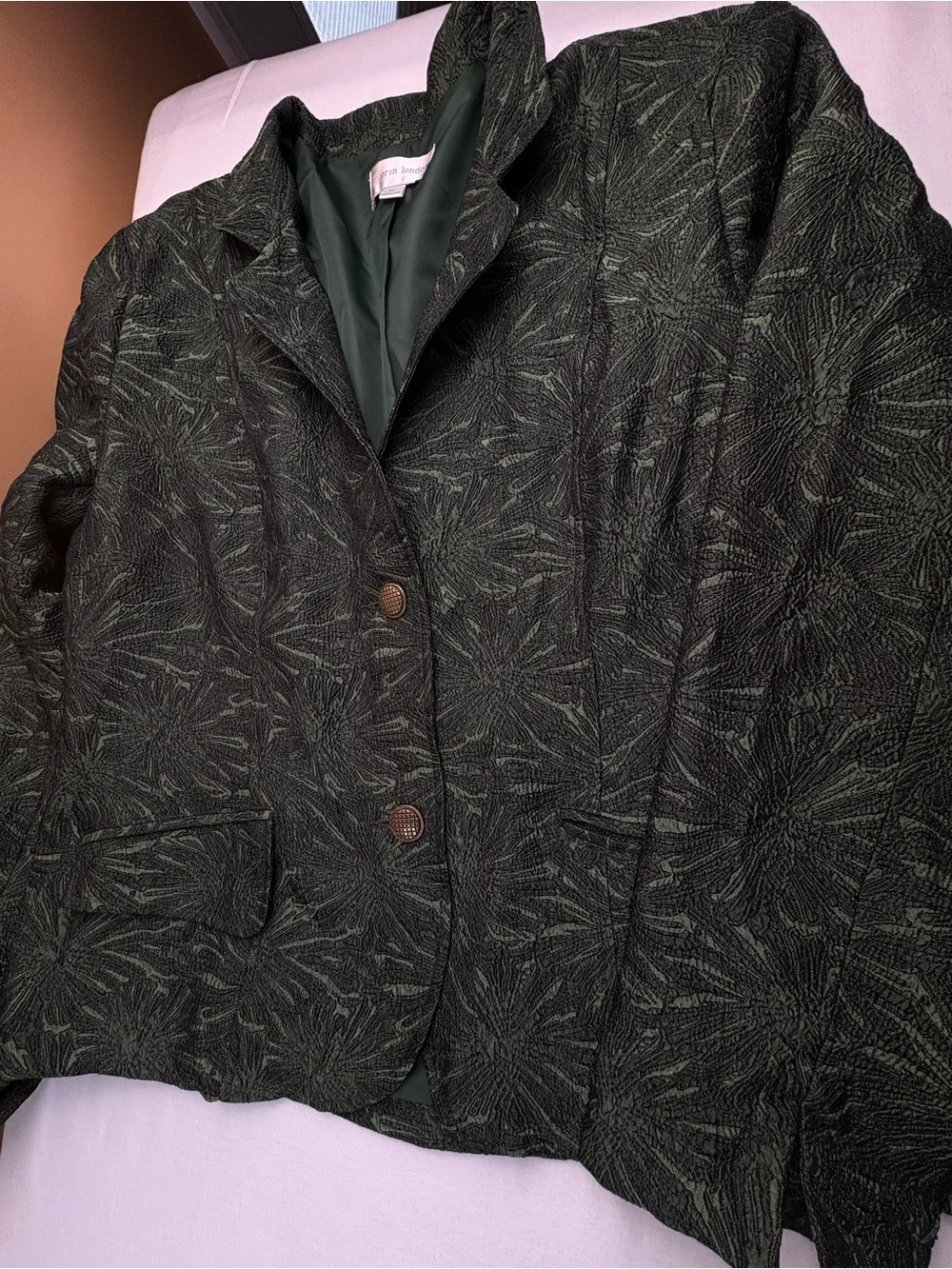 erin london Dark Green Textured Blazer with Subtle Leaf Pattern